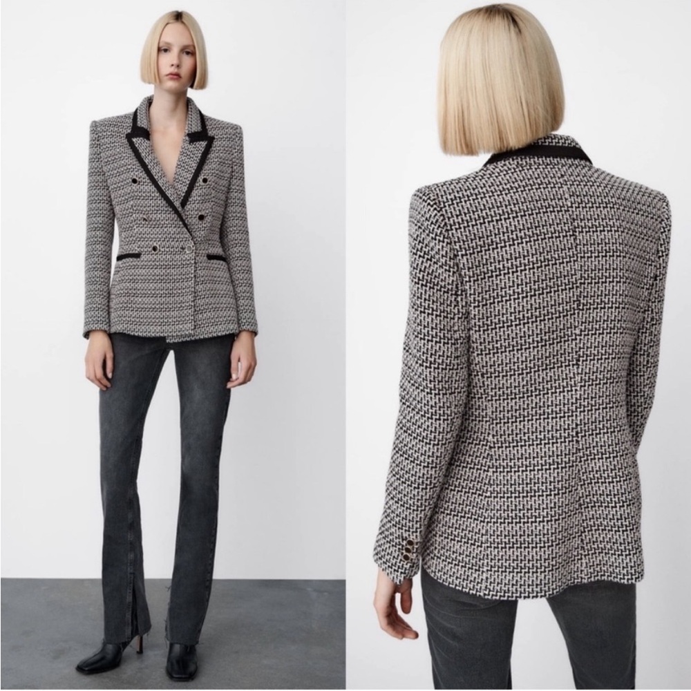 ZARA Structured Double Breasted Blazer Black White Tweed Blogger’s Favorite XL - Picture 10 of 16